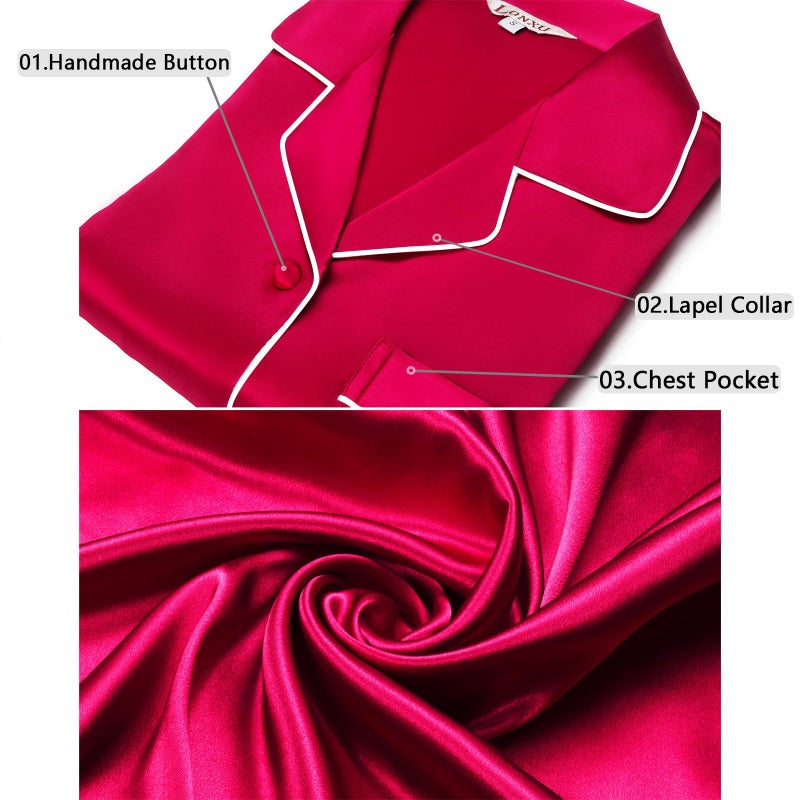 Lonxu Womens Silk Satin Pajamas Set Sleepwear Loungewear Red M - Image 4
